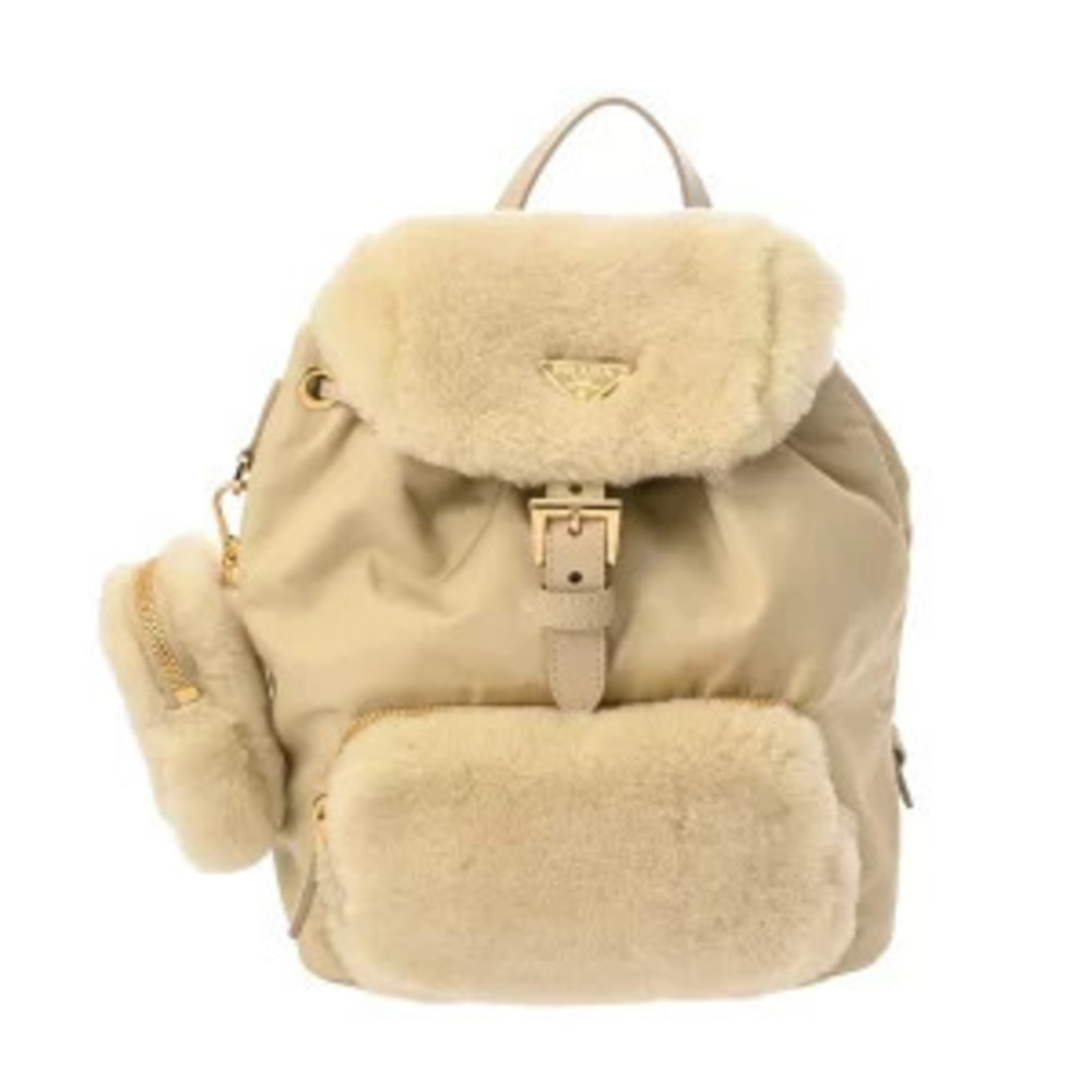 Prada Backpack Re Yellow Beige Cream Shearling Daypack Bag